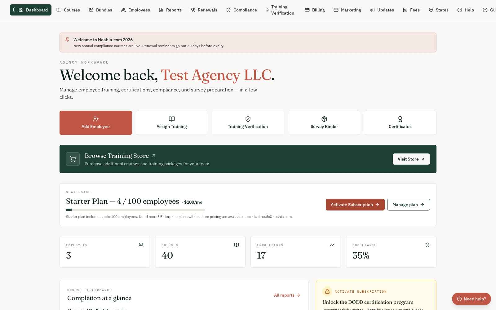 Agency Workspace — add employees, assign training, and grab certificates or the Survey Binder in one click